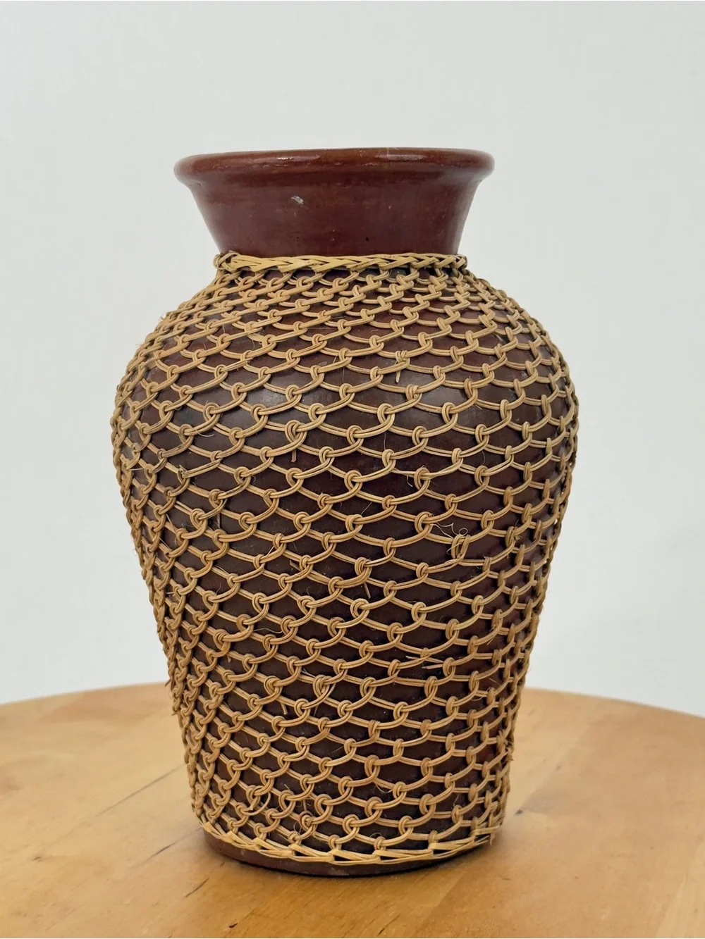 Vintage Woven Wicker Overlay/ Rattan Netted Red Clay Pottery Vase